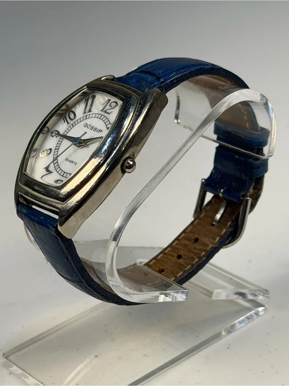 Gossip Women’s Quartz Watch White Dial Blue Faux Leather Strap 33mm Runs